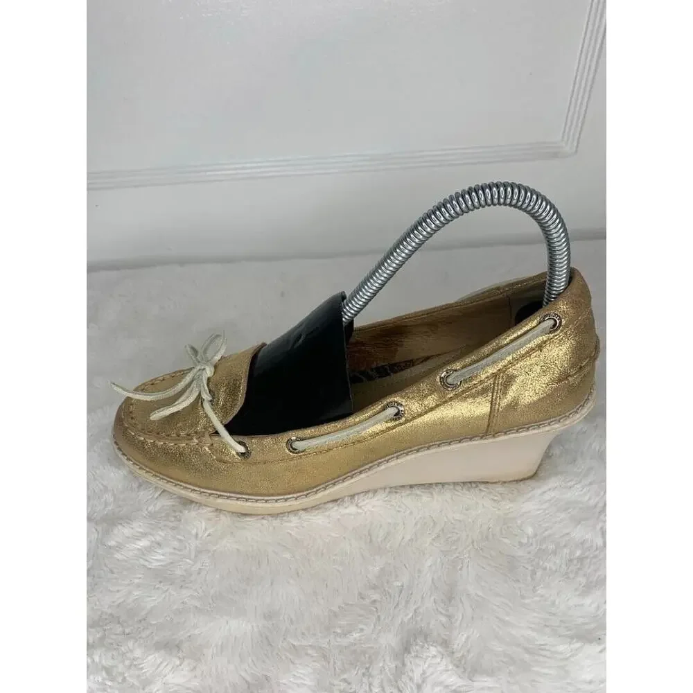 Sperry Womens Gold Metallic Wedge Boat Shoes Size 7.5M